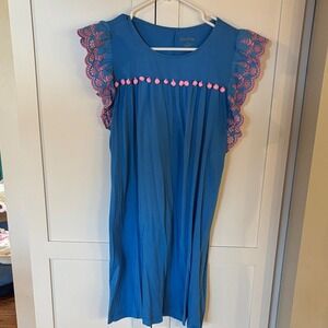 Lilly Pulitzer Blue Pink Pom Pom Ruffle Sleeve Dress Size M
